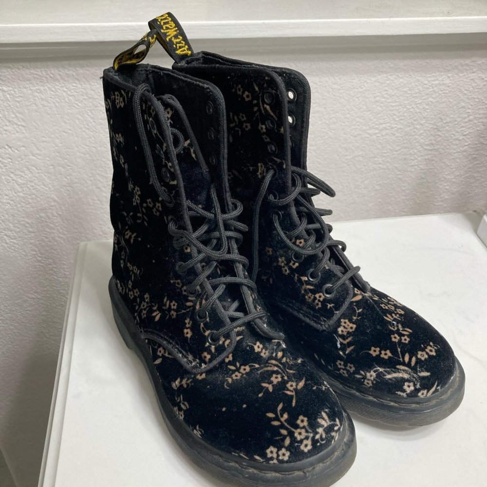 Size 6- Black Velvet Floral- Dr. Marten Chunky Lace-up Combat Boot